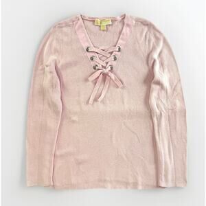 Michael Kors Grommet Lace-Up Bow Neck Top XL Pink Fitted Y2K Rib Knit Thermal